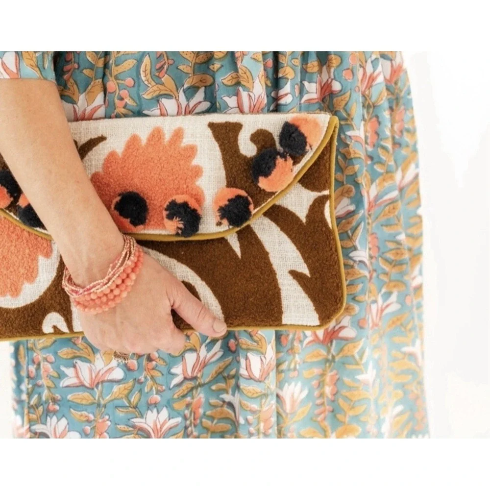 Rahab's Rope Cream &‎ Tan Embelished Woven Clutch Bag Pom Pom Details 13x7 Snap